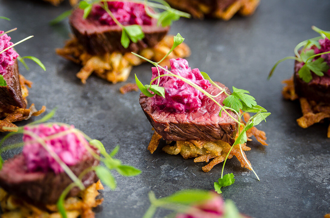 Venison rostis with beetroot salad