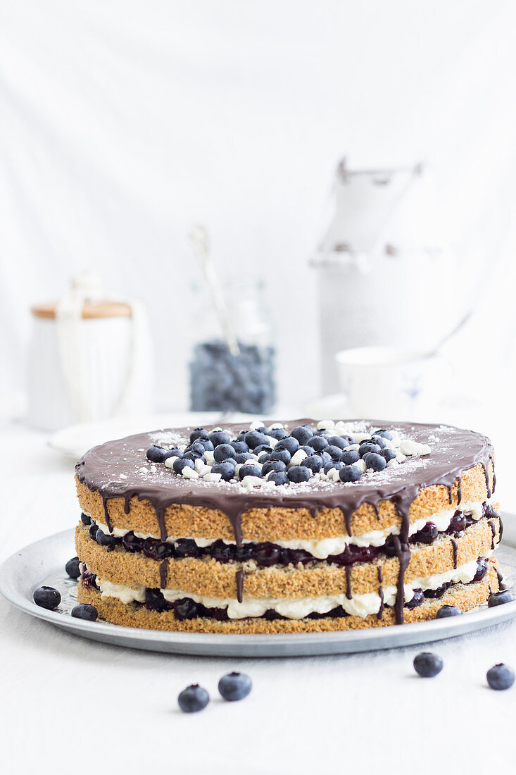 Summer cake with a nut sponge base and a blueberry cream filling