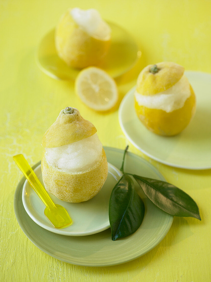 Lemon sorbet served in hollowed out, frozen lemons