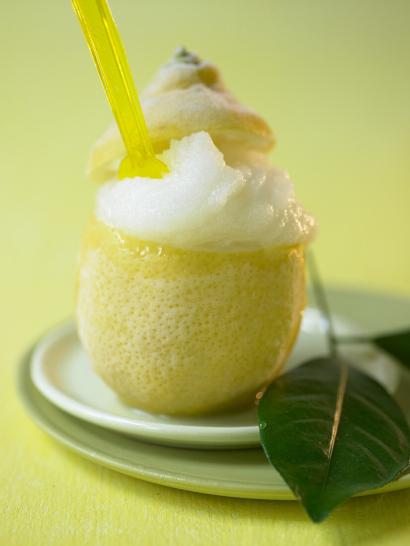 Lemon sorbet served in a hollowed out frozen lemon