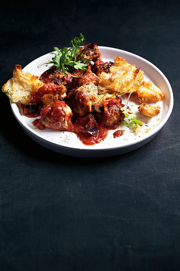 Cheesy meatball skillet with garlic croutons