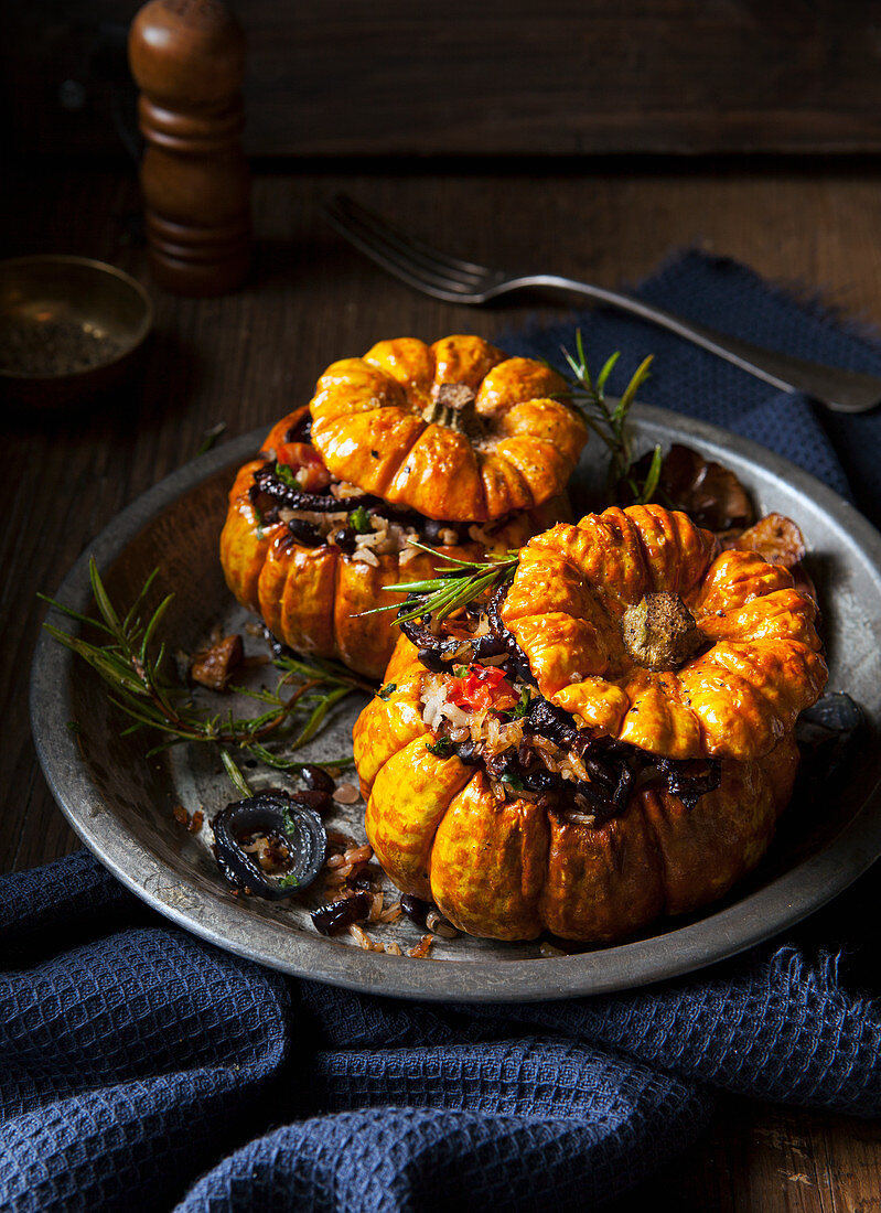 Two small pumpkins with a vegetarian filling