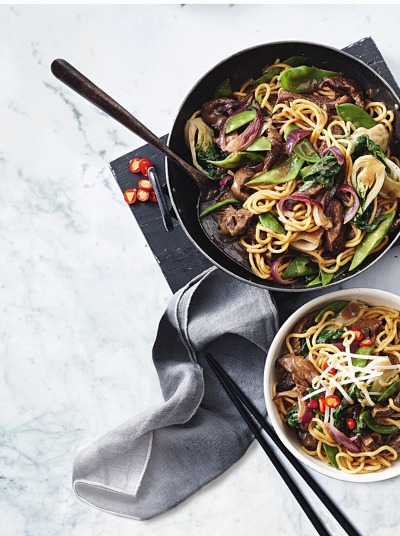 Chinese five spiced beef with wok-tossed noodles