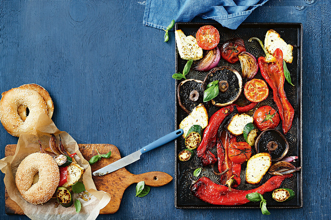 Ricotta and vegetable tray bake as bagel stuffing