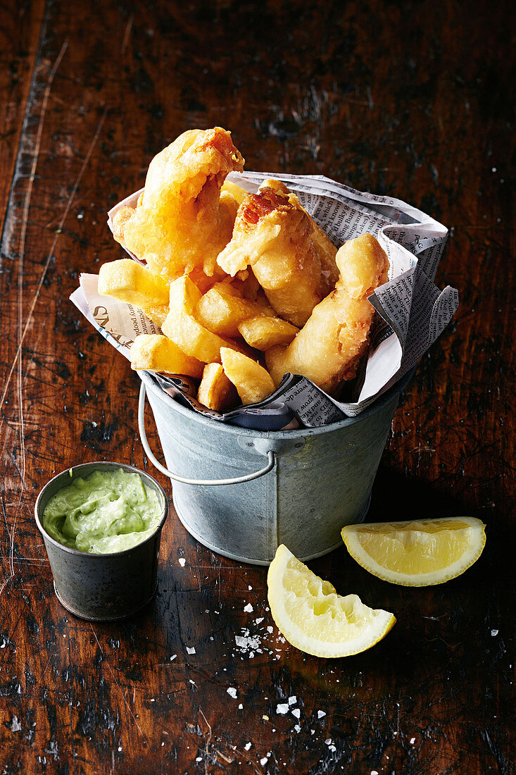 Beer-battered flathead with hand-cut chips and avocado dip