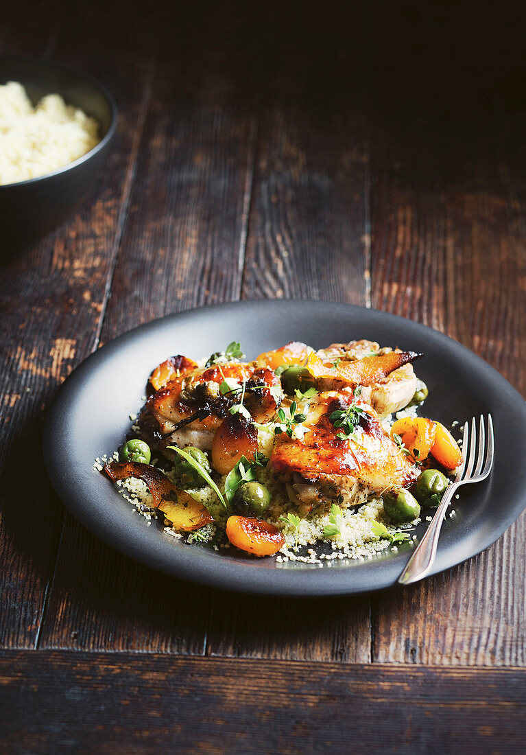 Apricot chicken with capers and couscous