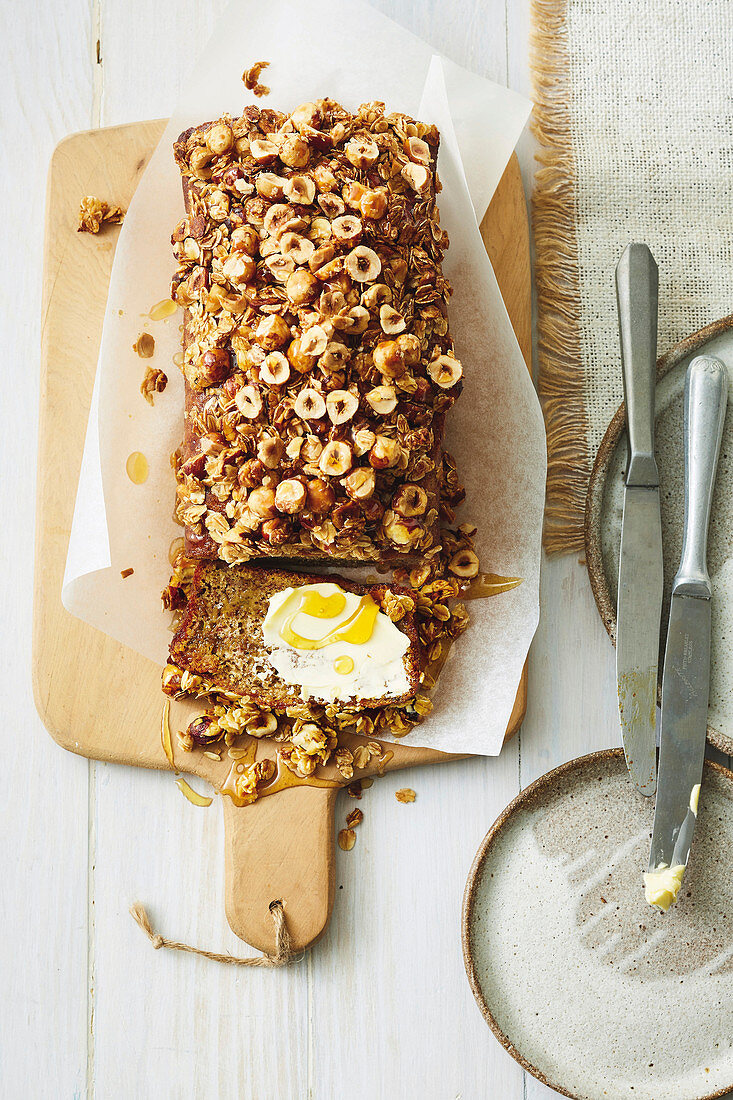 Chai banana bread with stickey honey and hazelnut topping