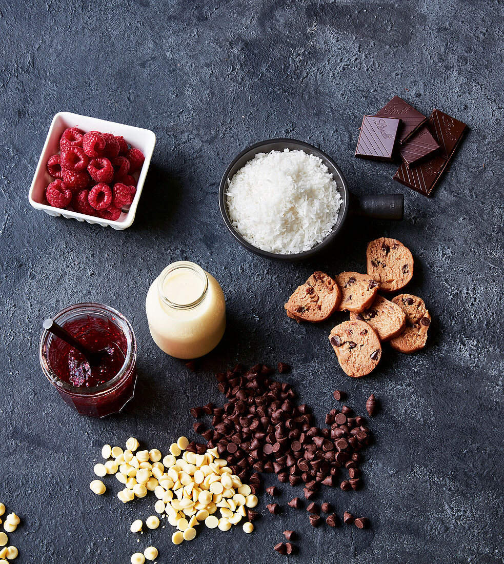 Ingredients for choc-raspberry slice