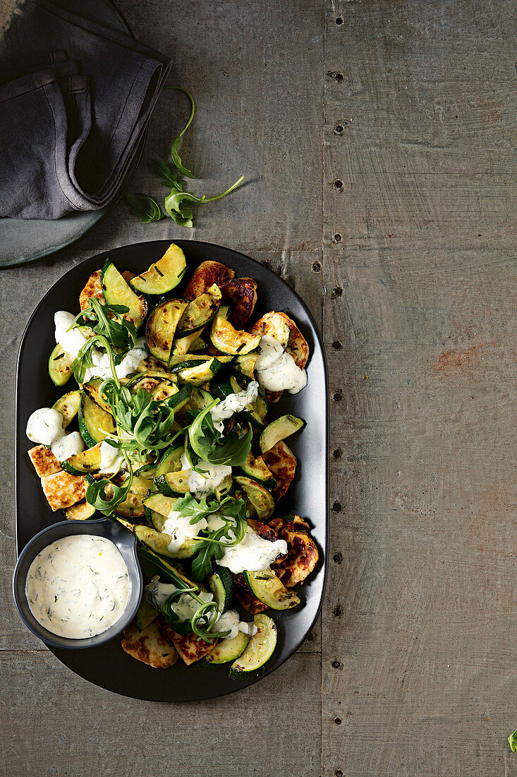 Warm Zucchini and Haloumi Salad with Yoghurt Drizzle