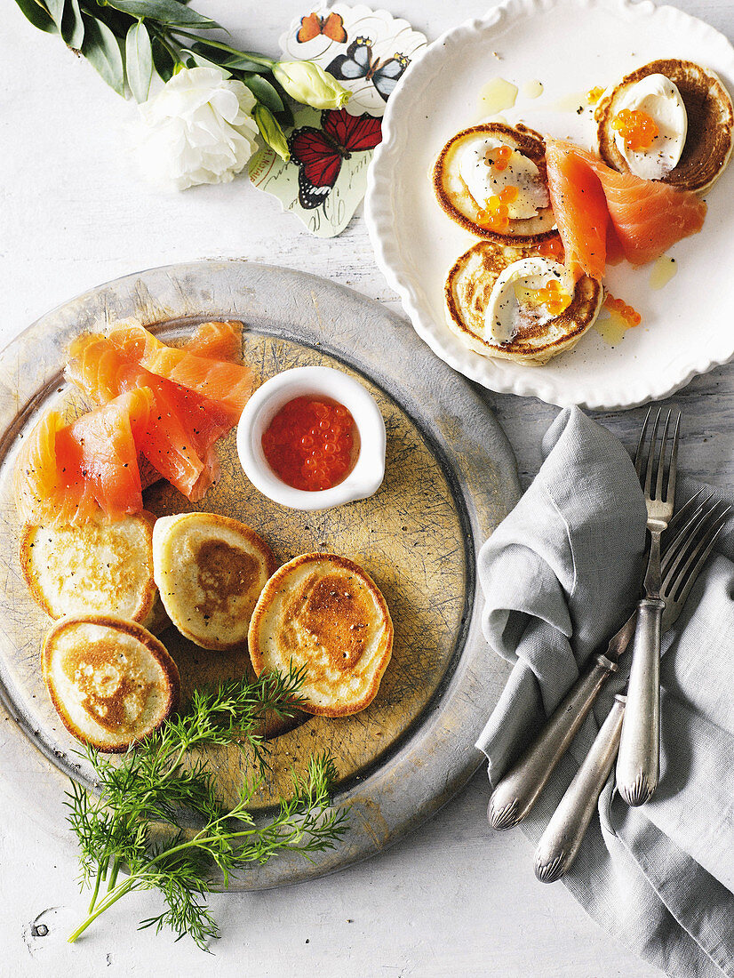 Buckwheat Pikelets with smoked salmon and dill