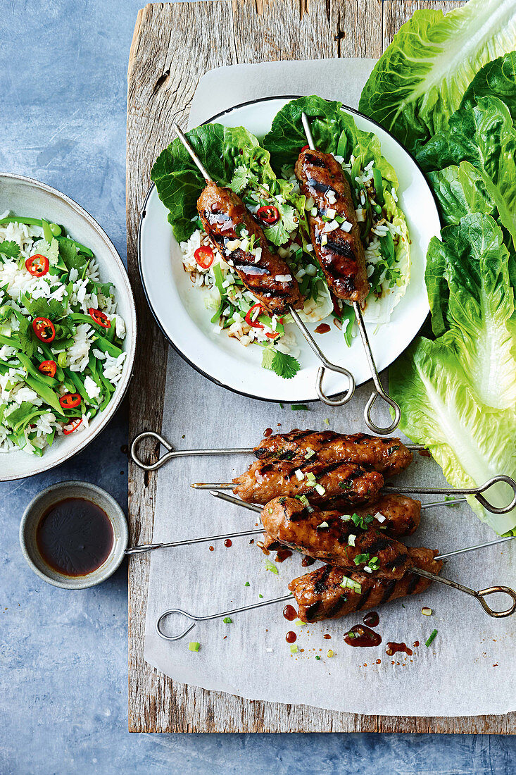 San Choy Bow skewers with lettuce leaves and cilantro rice