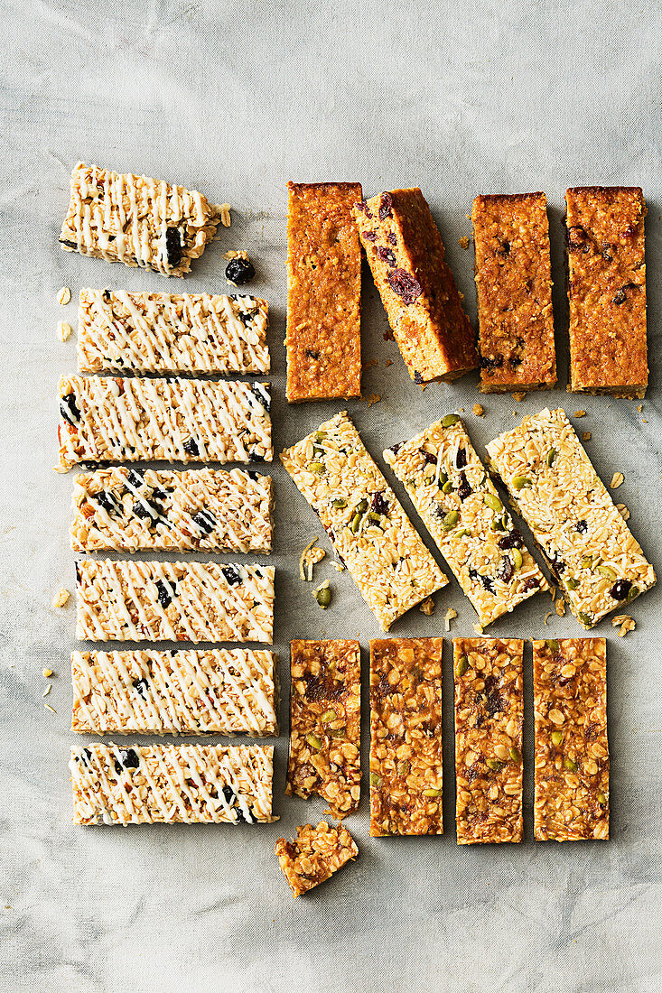 Coconut, sesame and sultana bars; Date, oat and nut bars; Blueberry and almond muesli bars; Cranberry and lemon quinoa bars