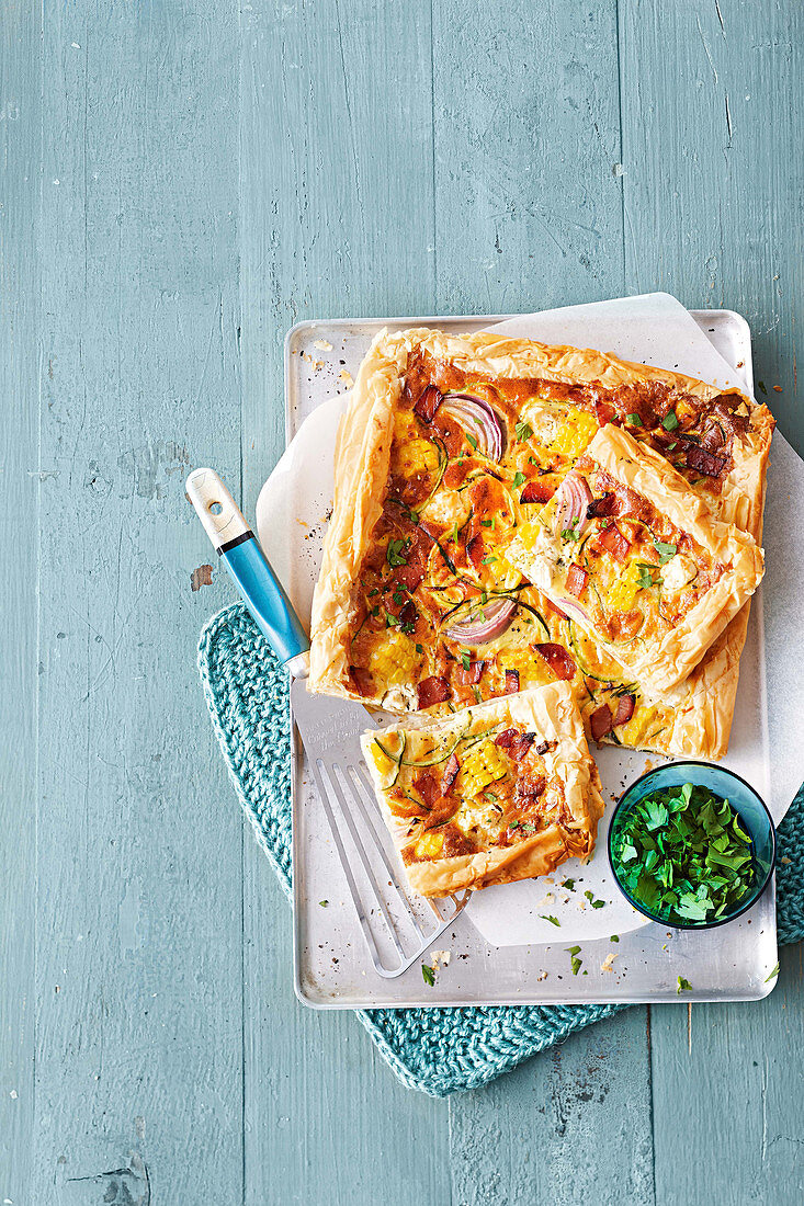 Corn and courgette quiche with filo pastry