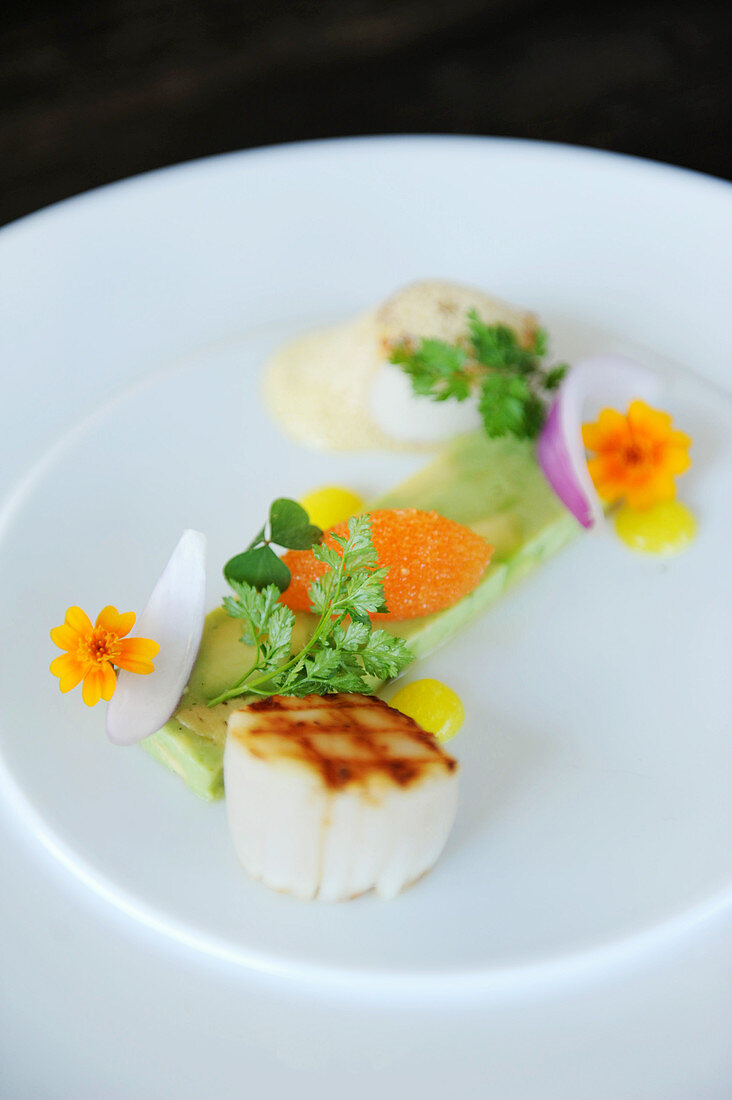 Gegrillte Jakobsmuscheln mit Kräutern und Essblüten