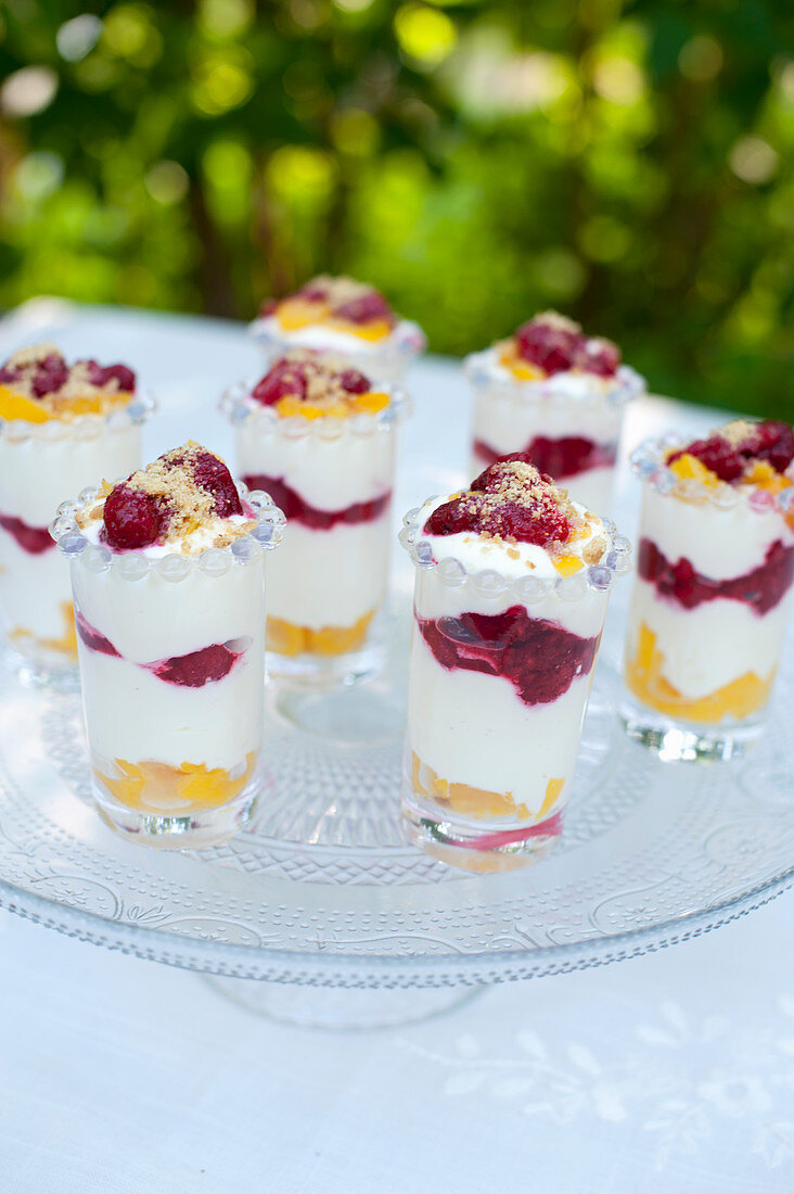 Summery layered desserts with peaches and raspberries on an outdoor table