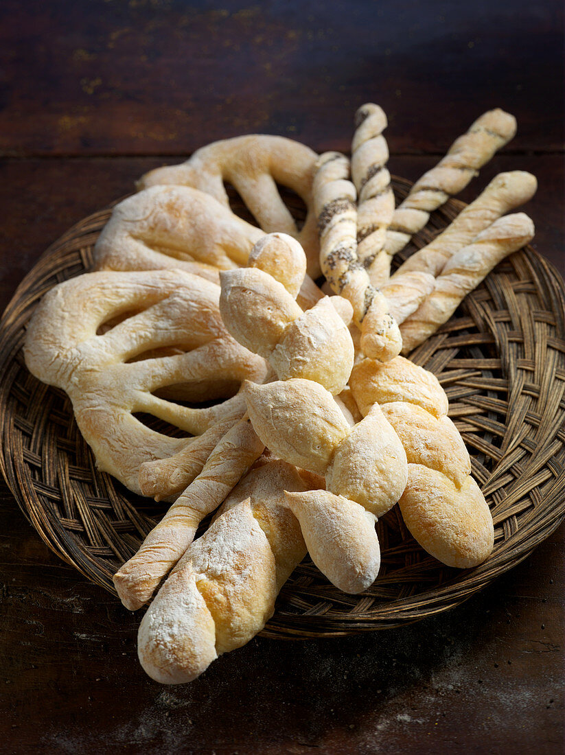 Various types of bread: Fougasse, Grissini and Pain d'Epi