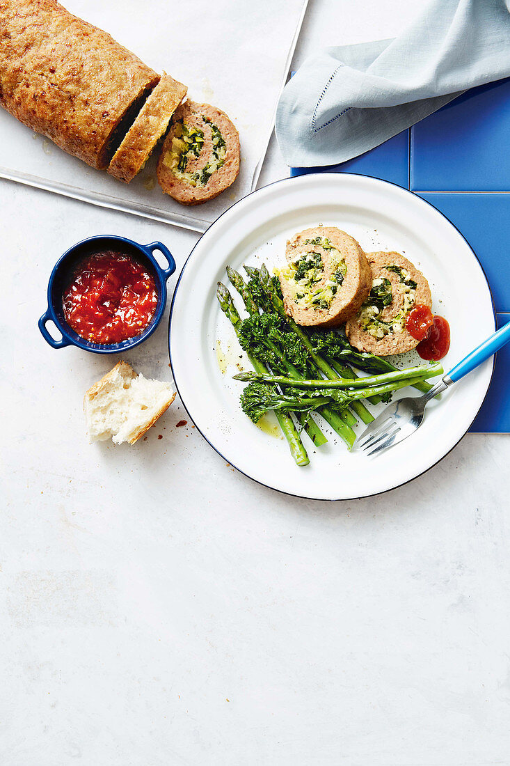 Spinach and fetta rolled meatloaf with charred greens