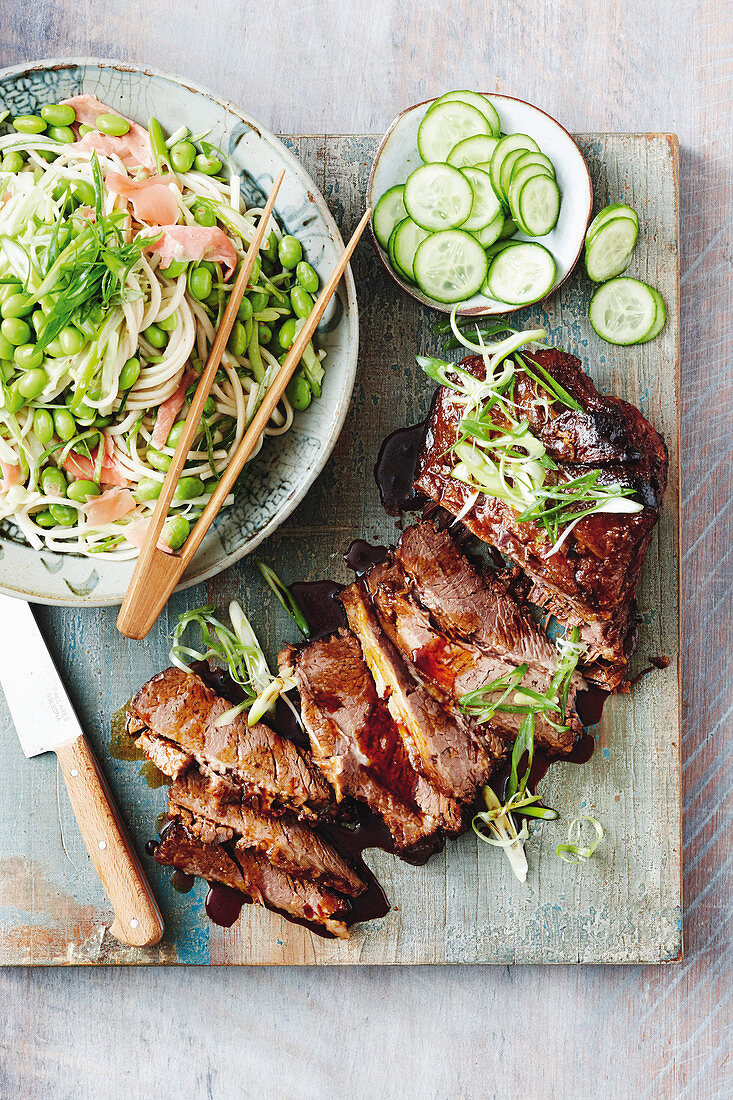 Asian slow cooked teriyaki beef with sesame udon noodle salad