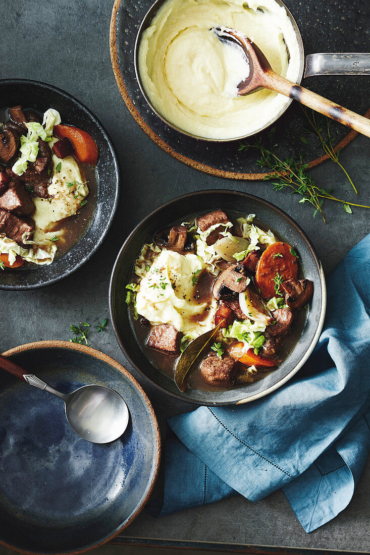 Beef, Speck and cabbage stoup with microwave cauliflower mash