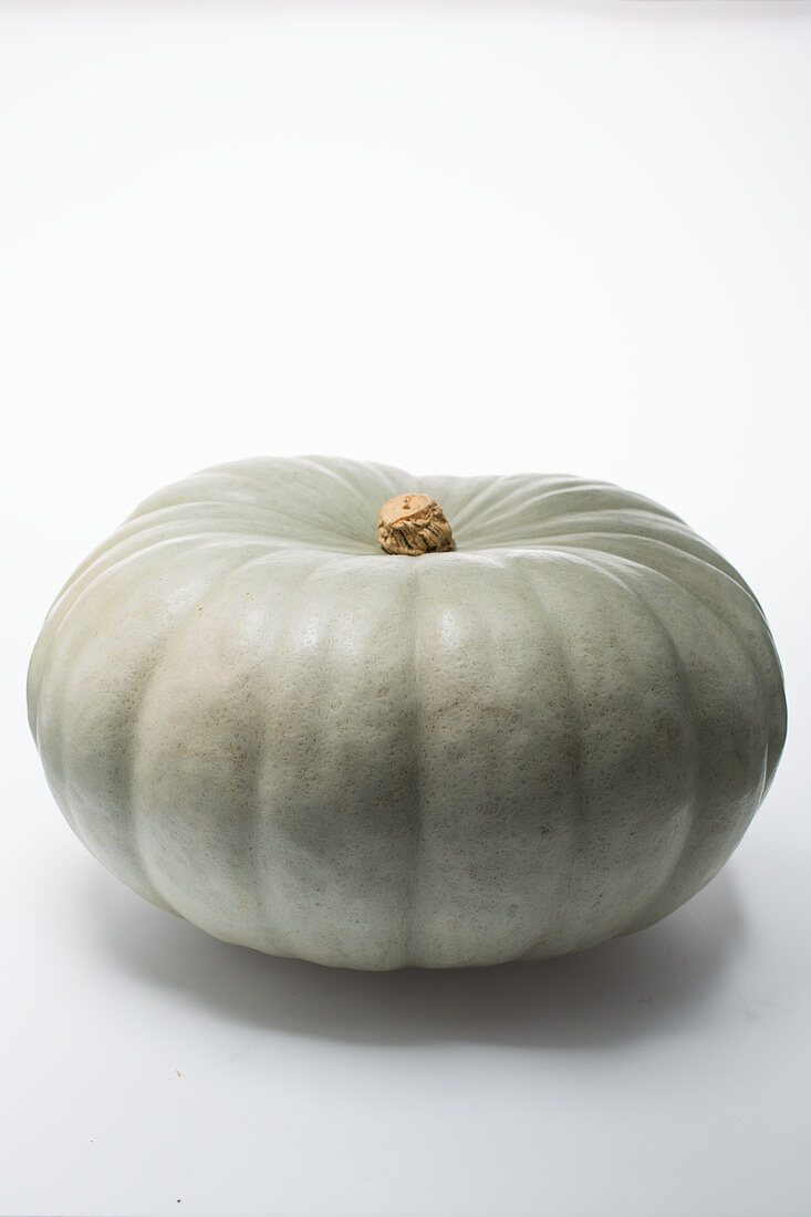 A grey-green pumpkin on a white surface