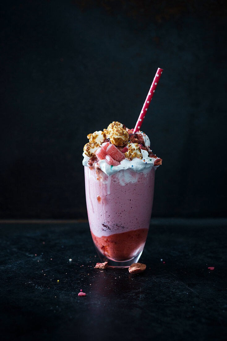 Veganer Shake mit Erdbeersorbet, Erdbeer-Hafer-Drink, Sojasahne, Popcorn, Fruchtgummi, Erdbeersauce, getrockneten Erdbeeren und Zuckerstreuseln