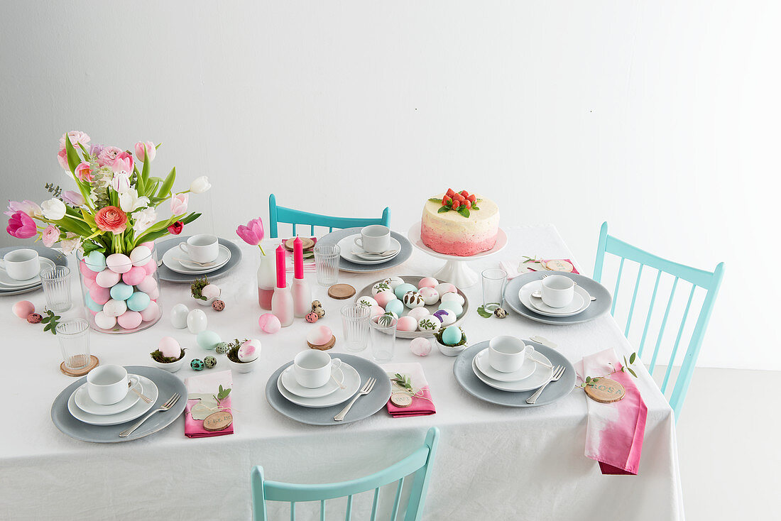 A table laid for Easter with coffee and cake