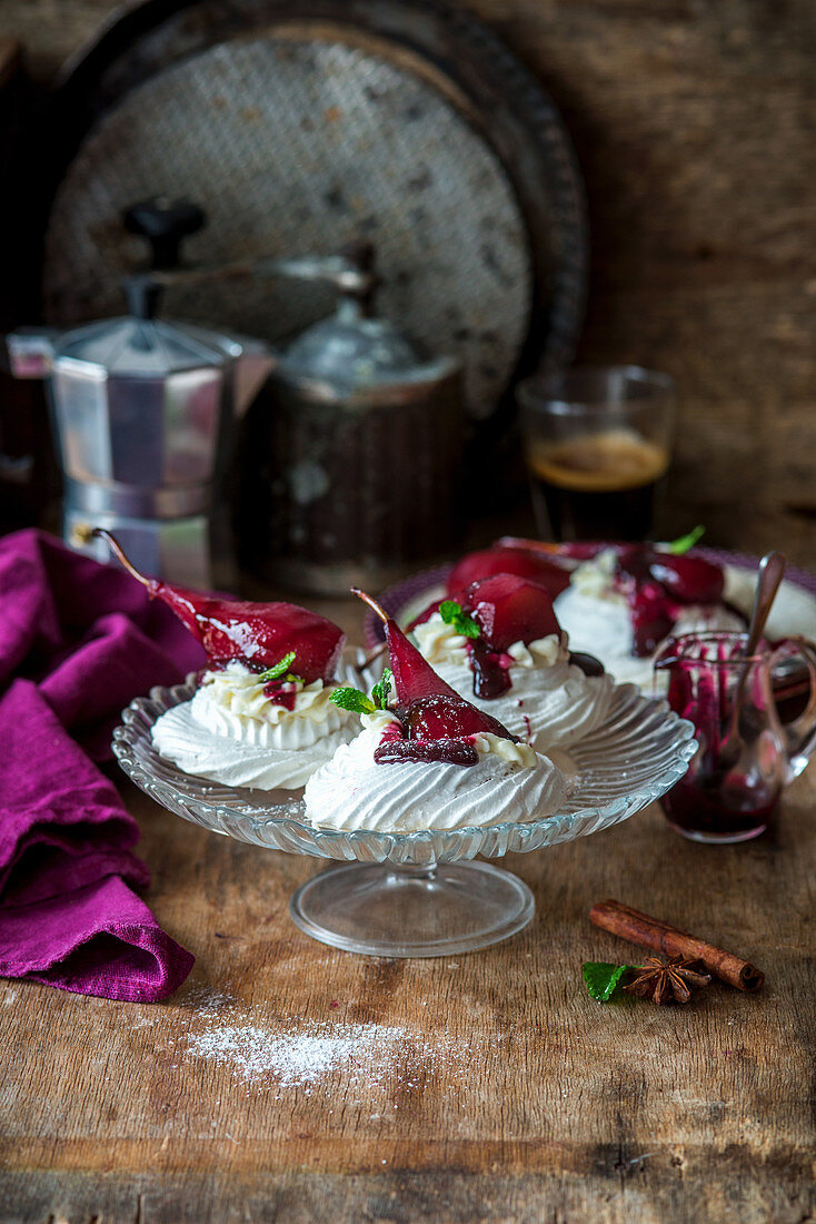 Pavlova with poached pears
