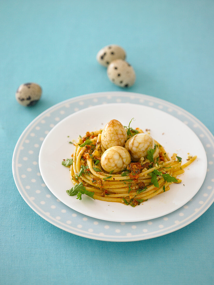 A pasta nest with quail's eggs for Easter