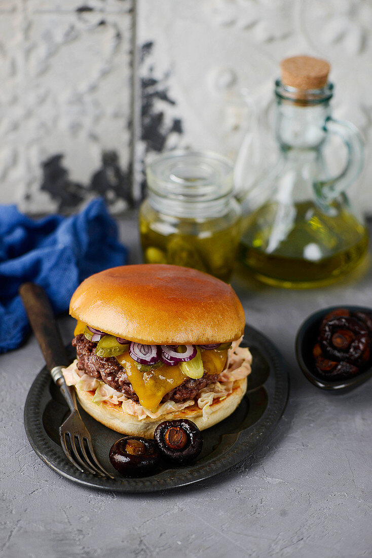 A burger with coleslaw