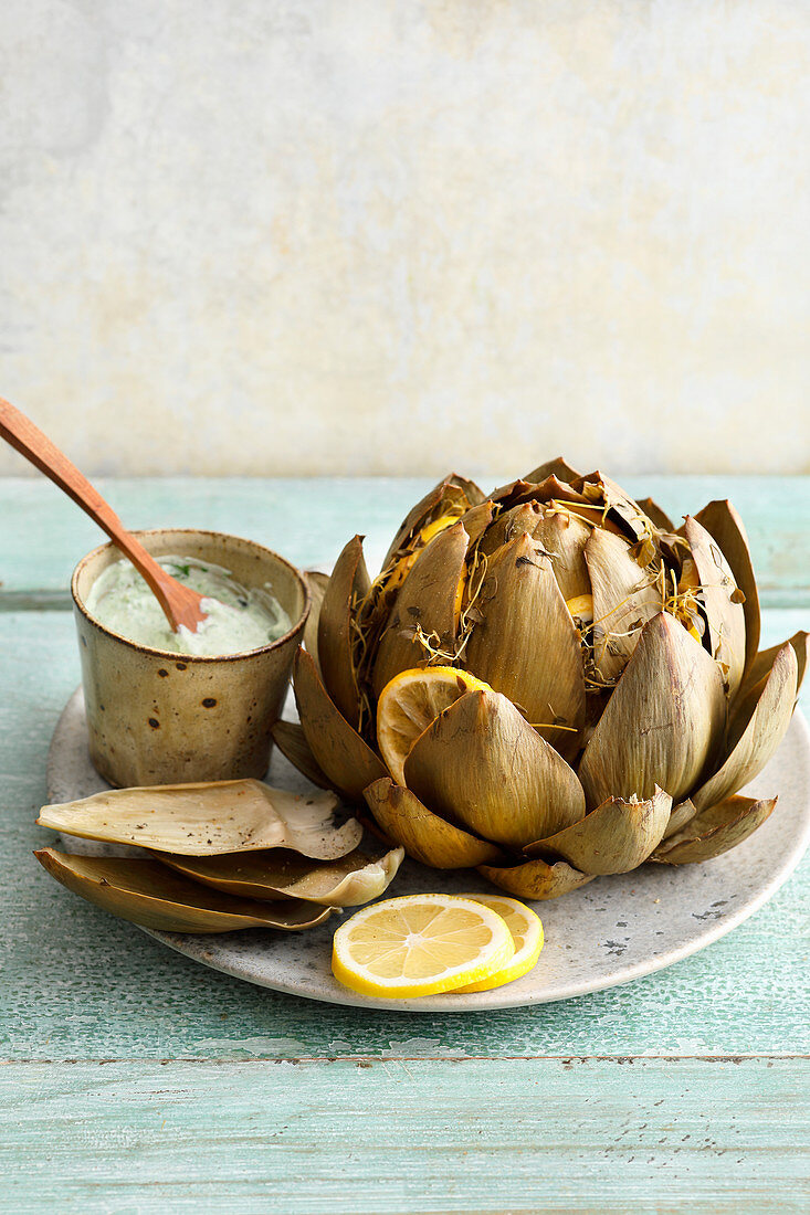 Steamed artichoke with a green soy and sorrel dip