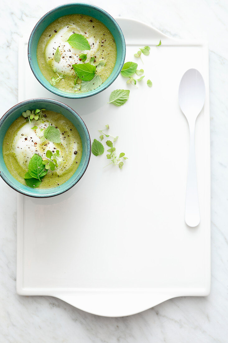 Wild herb and chickpea soup with tahini