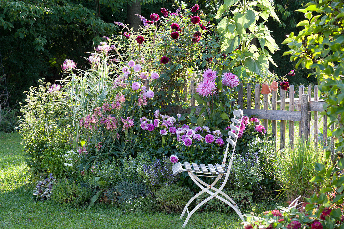 Seating on the bed with perennials and summer flowers