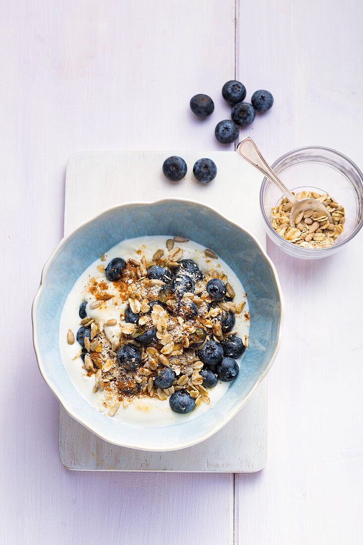 Rustic flake muesli with blueberry yoghurt