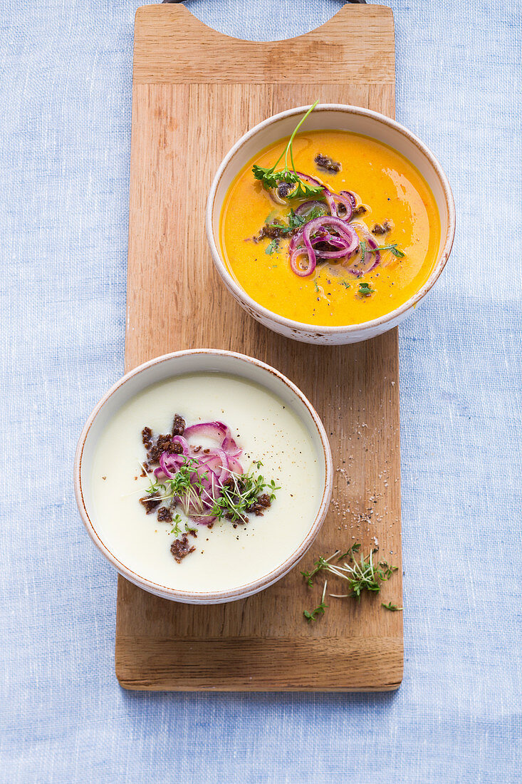 Two buttermilk cream soups with squash and potatoes