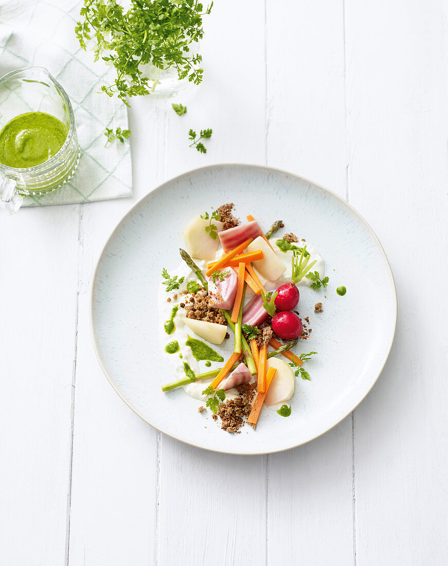 Various vegetables with yoghurt and breadcrumbs