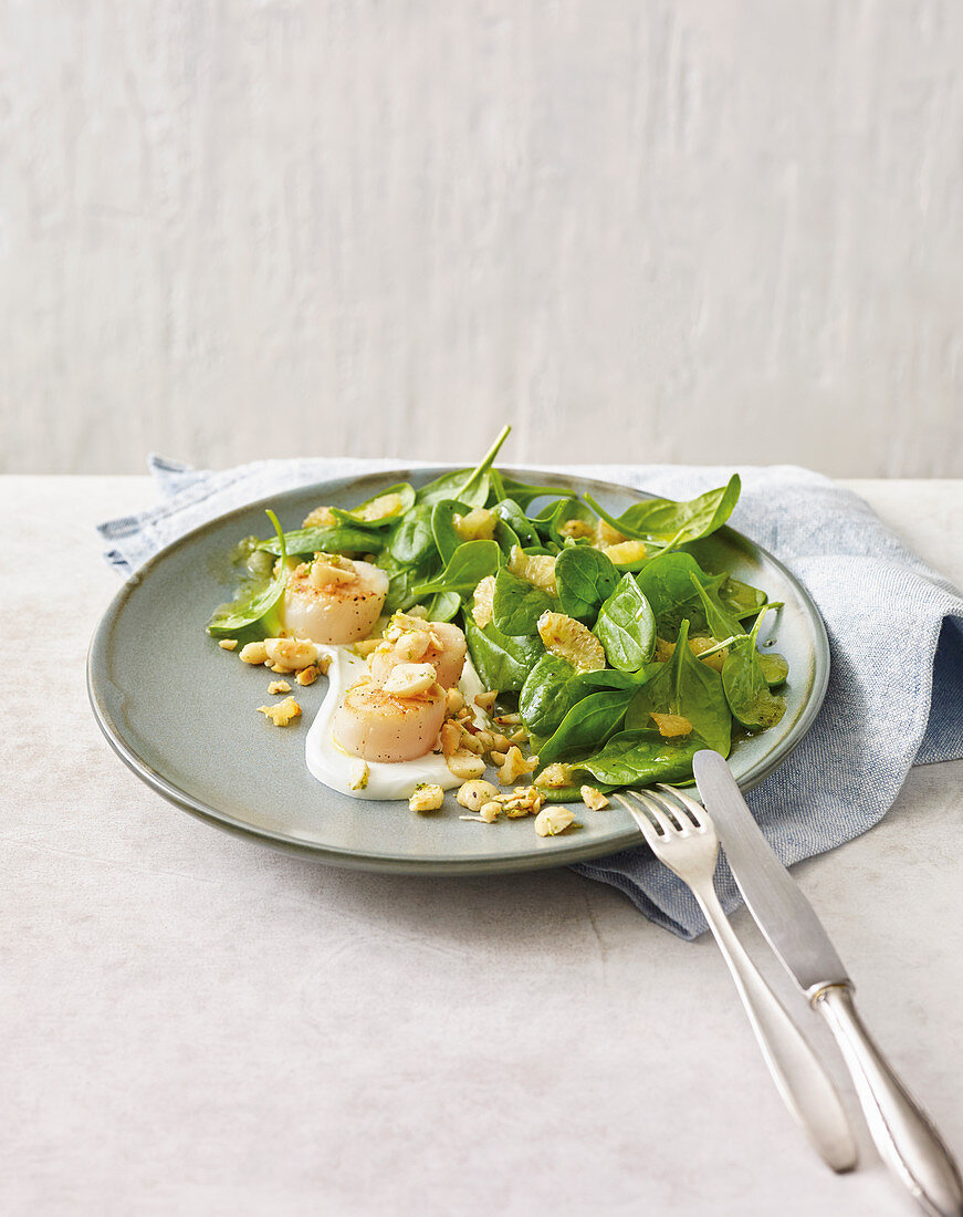 Jakobsmuscheln mit Limetten-Spinat-Salat und Macadamia