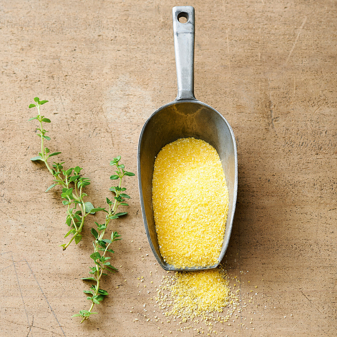 A scoop of polenta and fresh thyme sprigs