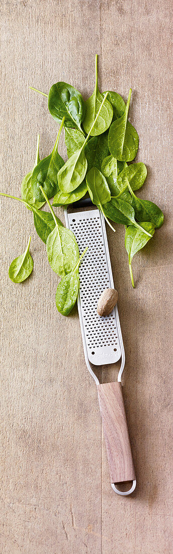 A nutmeg grater and fresh baby spinach