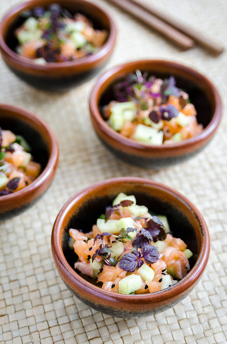 Lachs-Thunfisch-Ceviche mit Gurke, Avocado, Sesam und Kräutern