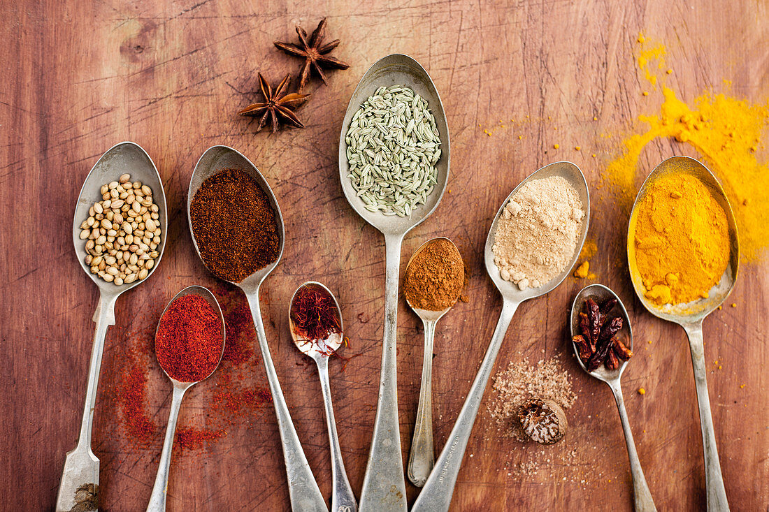Assorted spices on vintage spoons