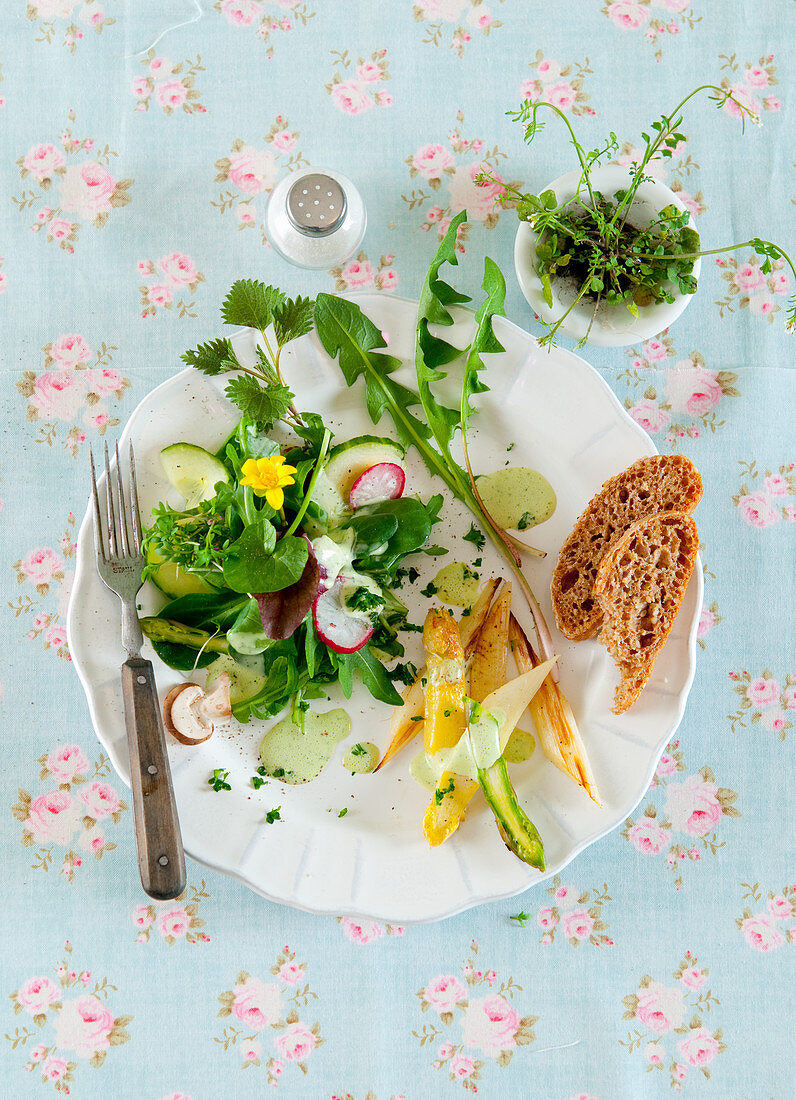 Wild herb and asparagus salad