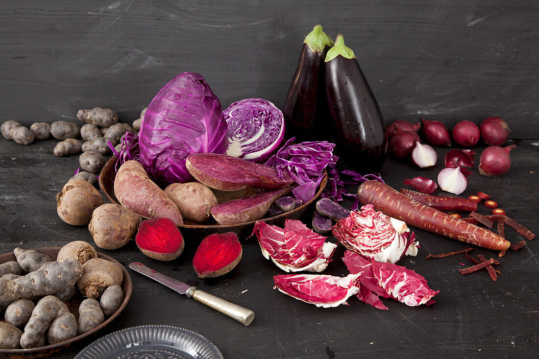 Various red and purple vegetables