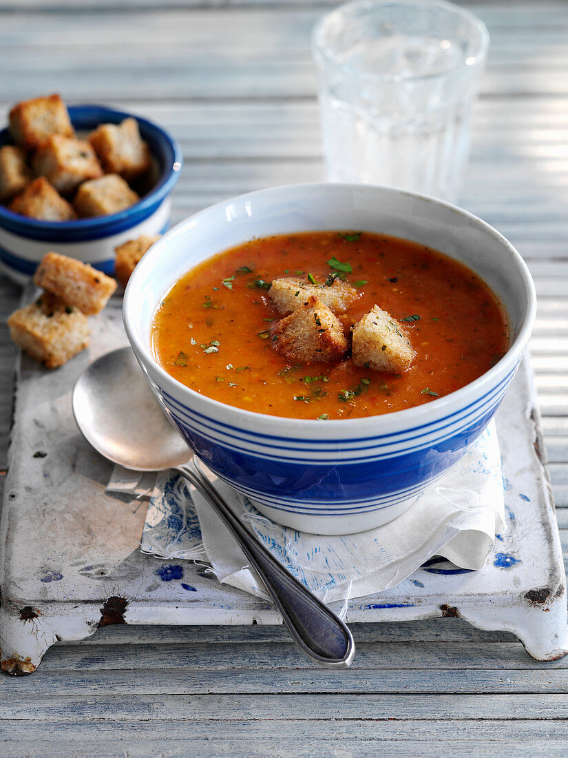 Tomato and basil soup with croutons