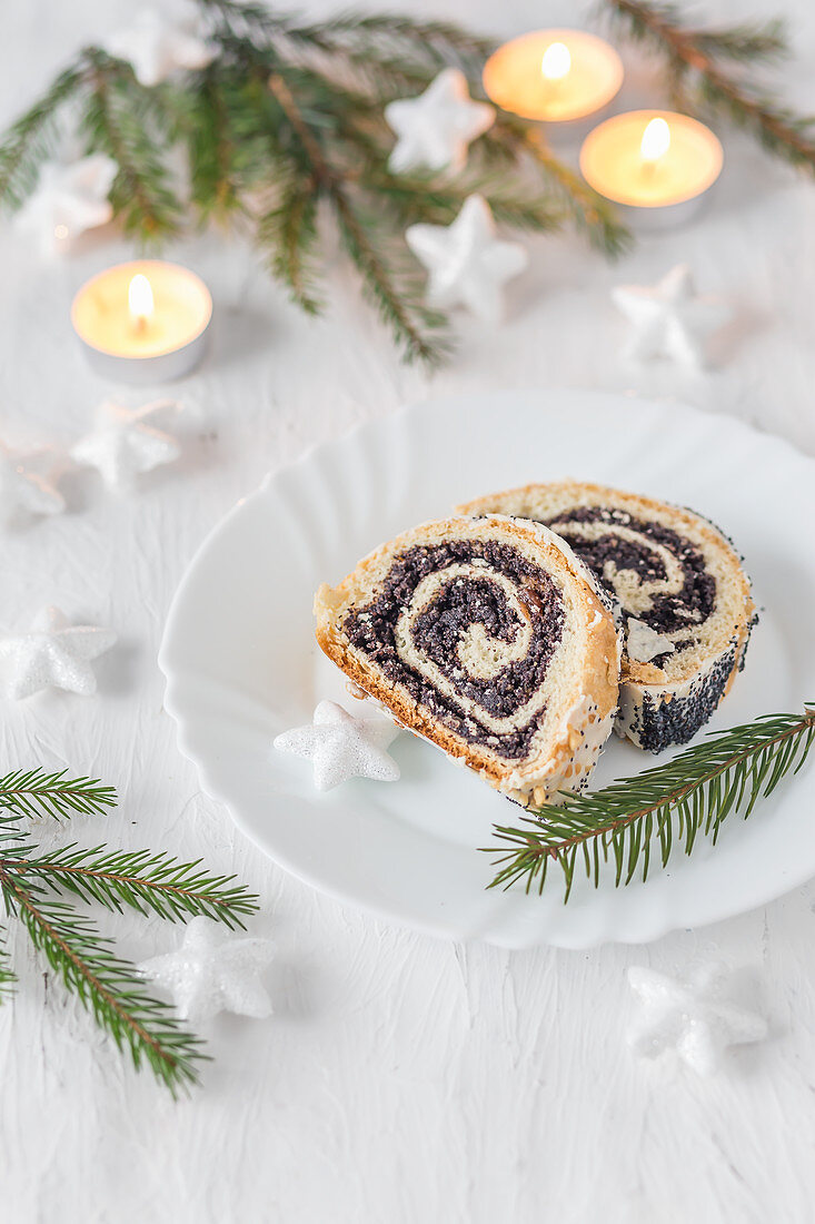 Polish Christmas poppy seed roll cake with icing