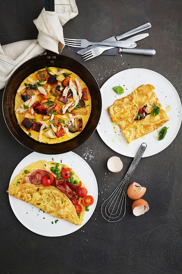 Käse-Schinken-Omelett; Reste-Frittata; Erbsenomelett mit knusprigem Speck und Tomate
