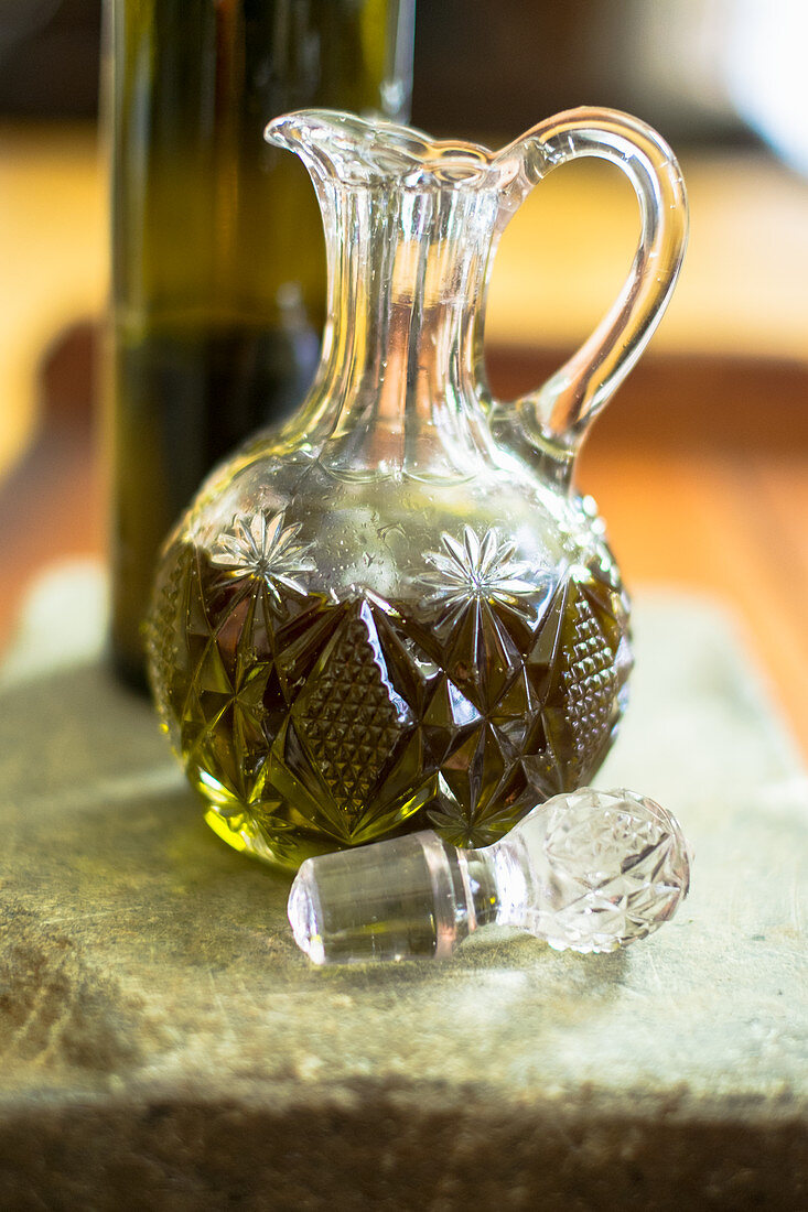 Olive oil in a glass carafe