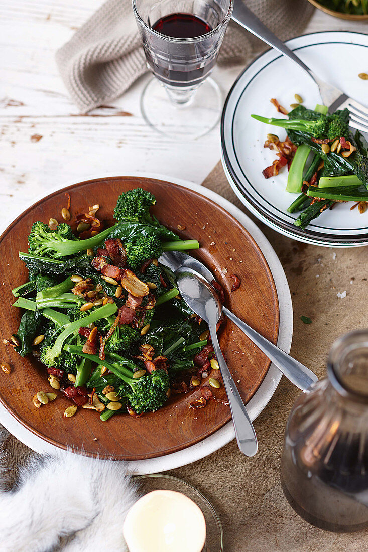 Sauteed tuscan cabbage with crispy bacon and pepitas