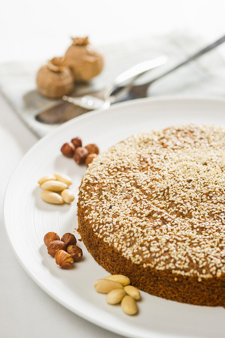 Nut cake with sesame seeds and poppy seeds