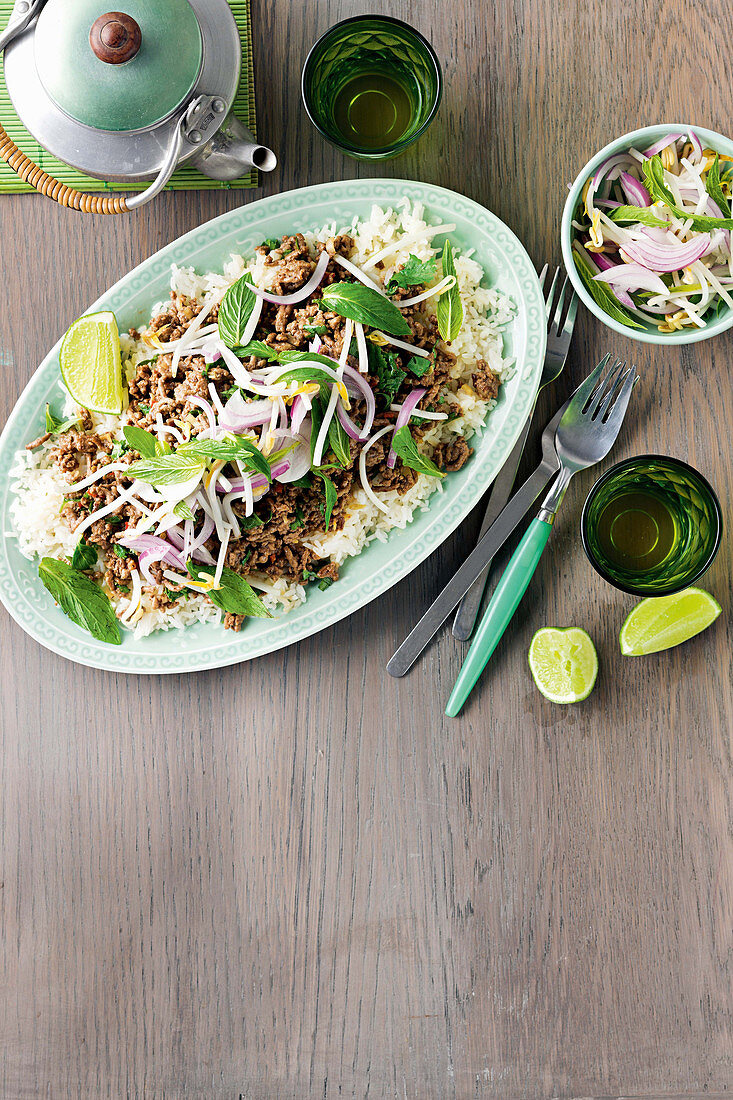 Beef, lemongrass and chilli larb with mint salad