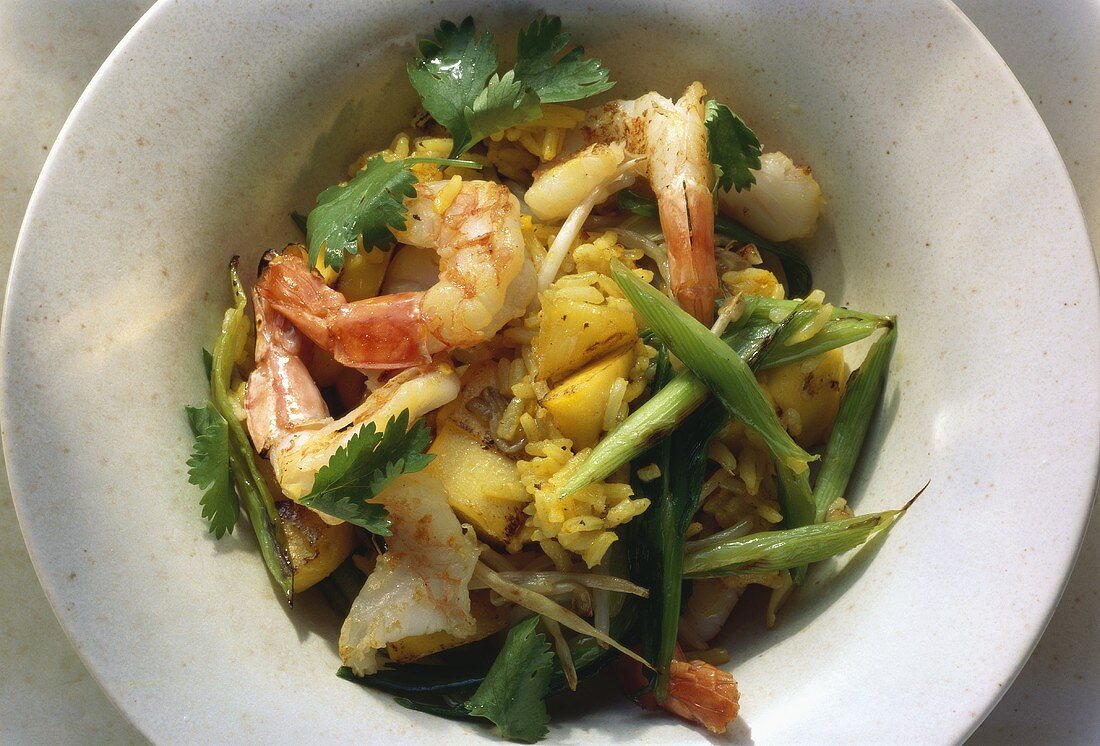 Exotic Saffron Rice Dish with Shrimp Mango and Cilantro